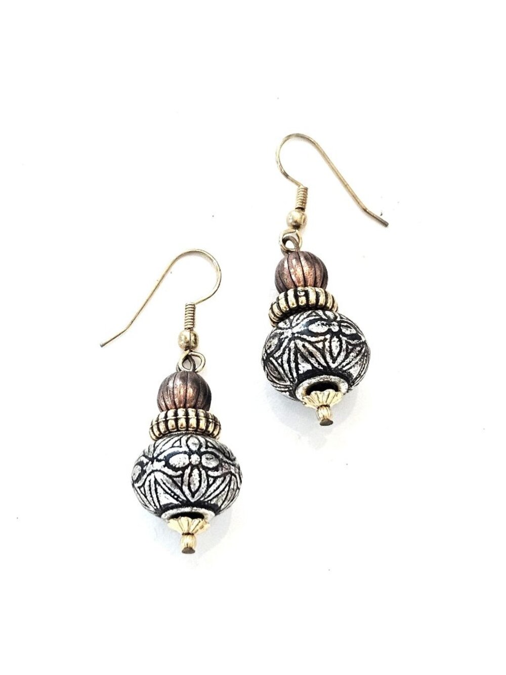 Multi-tone Metal Embossed Beaded Pierced Dangle Drop 2" Earrings